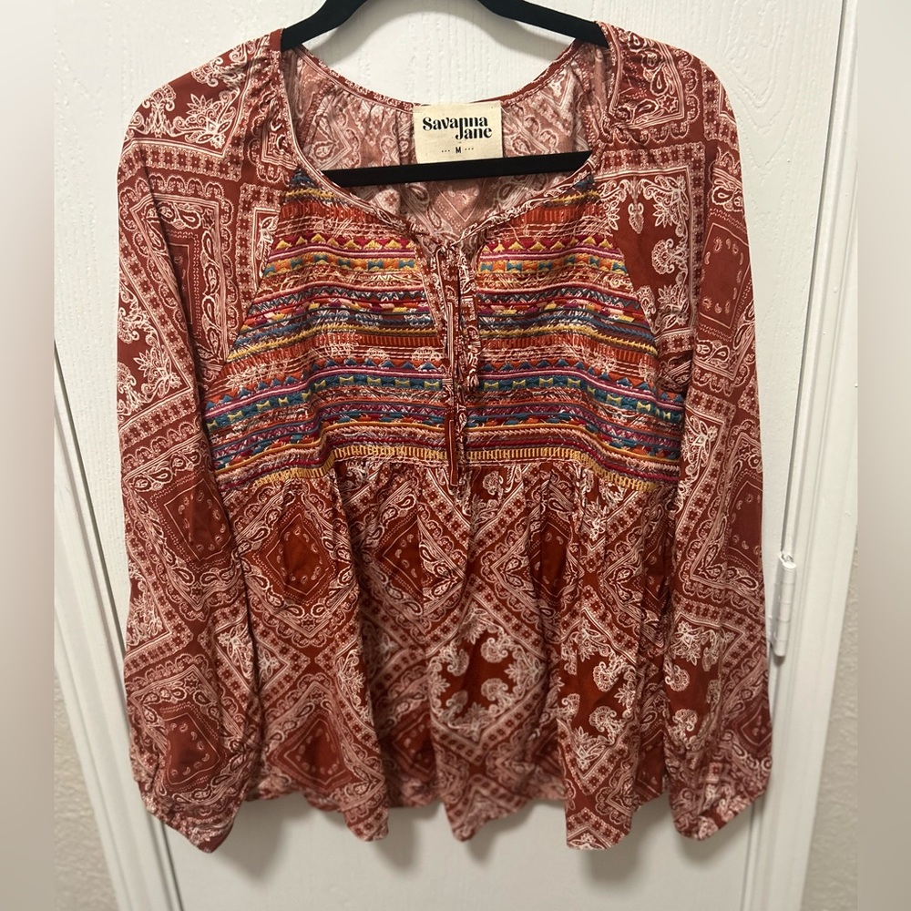 Savanna Jane Paisley Print Long Sleeve Flowy Rust Color Blouse Size Medium Boho